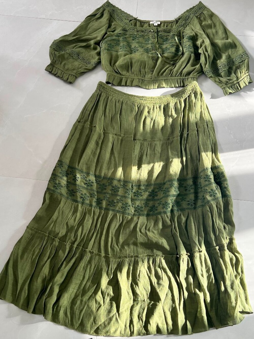 Kings Road Olive Green Boho 2-Piece Crop Top & Tiered Maxi Skirt Set (Size XL)
